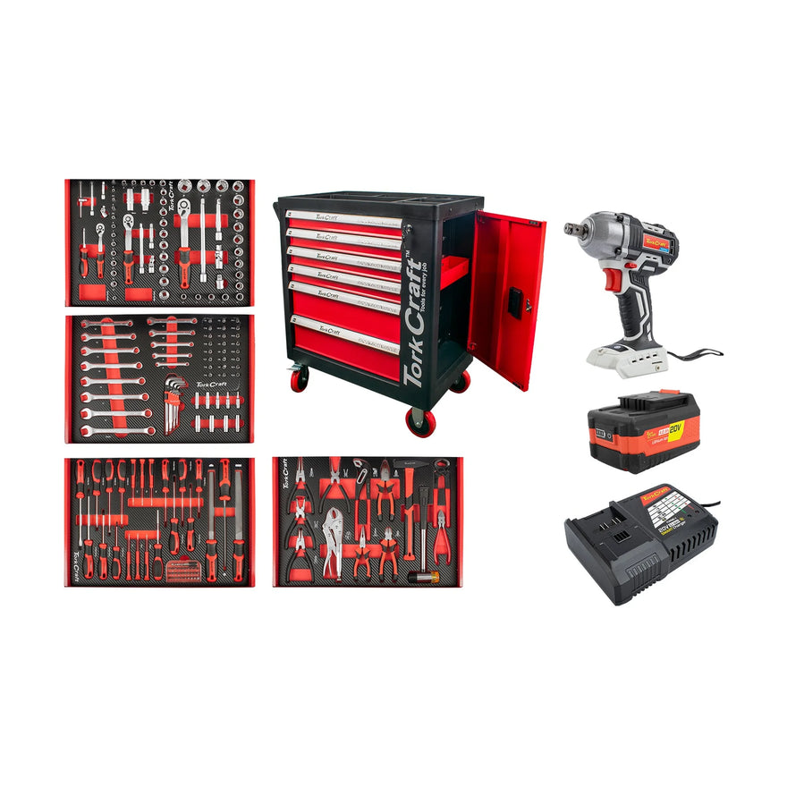 Tork Craft 6 Drawer Cabinet 184pc + Impact Wrench 450n, 4.0Ah Battery & Smart Charger - image 01