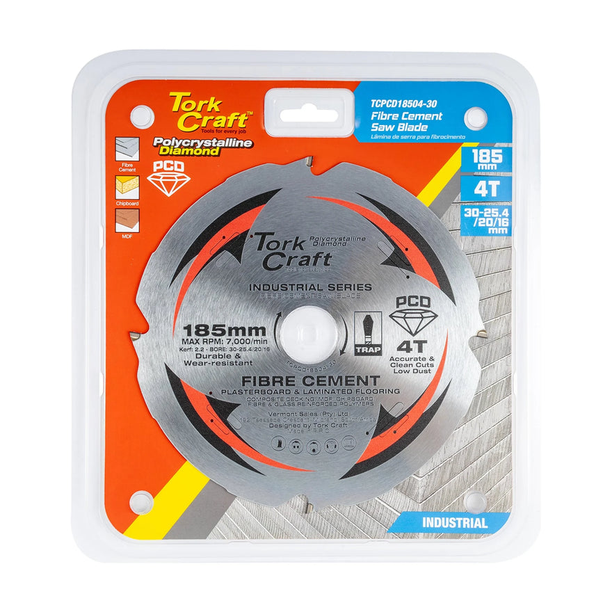 Tork Craft Saw Blade PCD 185mm X 4t X 30/20/16mm Fibre Cem. Mdf Chipboard - image 01