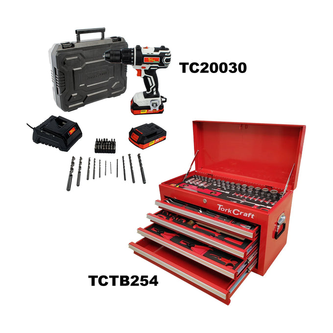 Tork Craft Impact Drill Driver 20v 13mm & Cantilever Tool Box 254pc Combo - image 01
