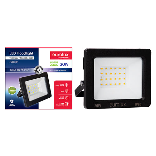 Eurolux LED 20w Floodlight Black with Day Night Sensor