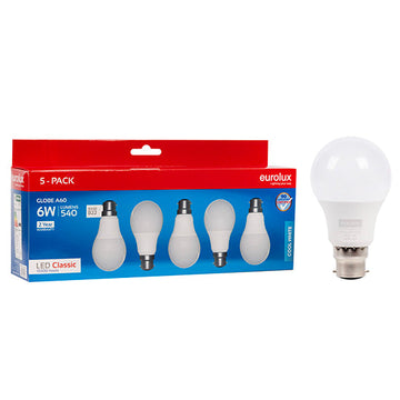 Eurolux LED Globe A60 Classic 6w B22 4000K 5 Pack N in Electrical & Lighting,Lighting,Globes & Tubes