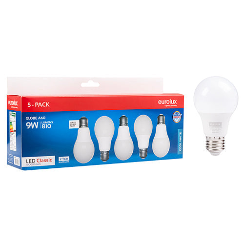 Eurolux LED Globe A60 Classic 9w E27 4000K 5 Pack N in Electrical & Lighting,Lighting,Globes & Tubes