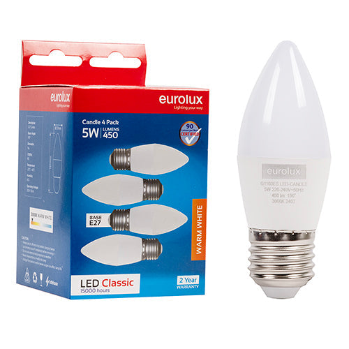 Eurolux LED Globe Candle Classic 5W E27 3000K 4 Pack N in Electrical & Lighting,Lighting,Globes & Tubes