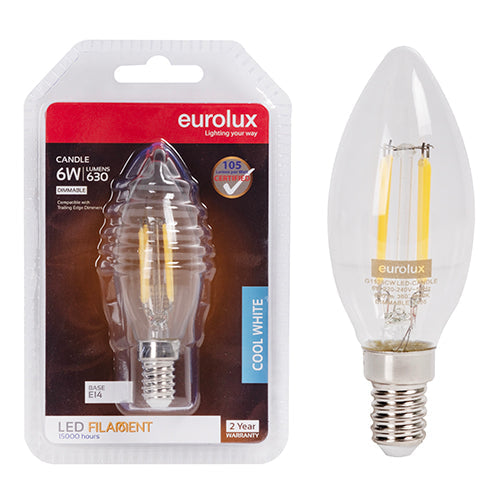 Eurolux LED Filament Globe Candle Clear 6w E14 4000K Dimmable N in Electrical & Lighting,Lighting,Globes & Tubes