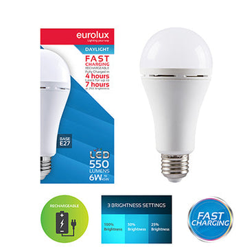 Eurolux Rechargeable LED Globe Fast Charge 6w LED E27 6500K in Electrical & Lighting,Lighting,Globes & Tubes