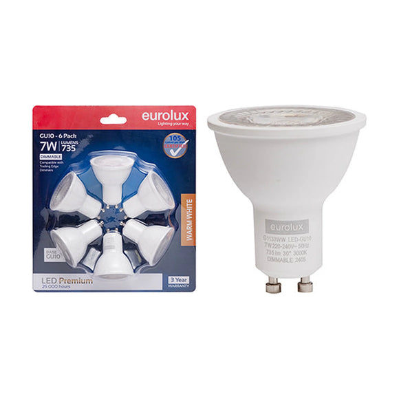 Eurolux LED GU10 Premium 7w 3000K Dimmable 6 Pack Blister N - image 01
