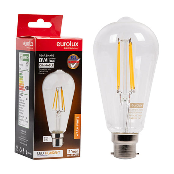 Eurolux LED Filament Globe Pear ST64 8w B22 3000K Dimmable - image 01