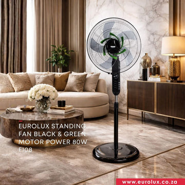 Eurolux standing fan in a living room setting with furniture and decor.