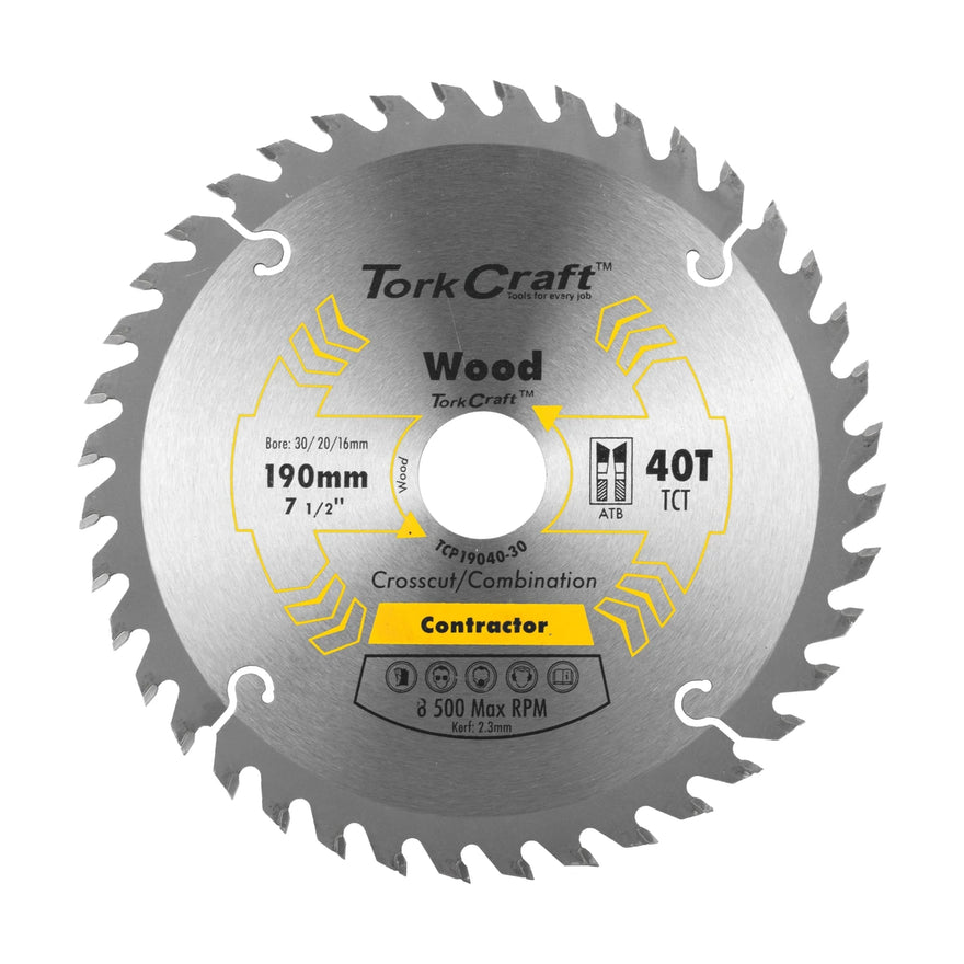 Tork Craft Blade Contractor 190 X 40t 30/20/16 Circular Saw TCT - image 01