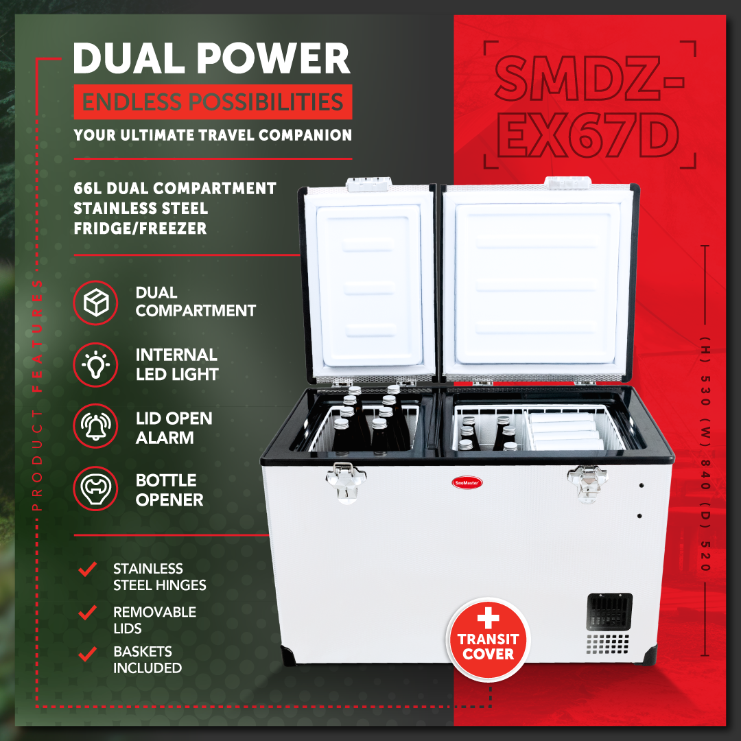 SnoMaster Portable Fridge/Freezer 66L Dual Compartment AC/DC S/Steel
