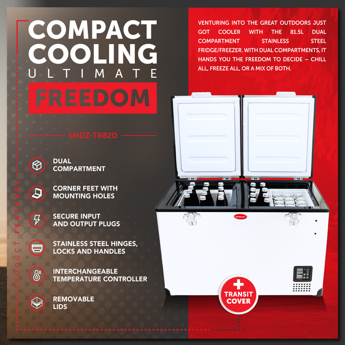SnoMaster Portable Fridge/Freezer 81.5L Dual Compartment AC/DC S/Steel