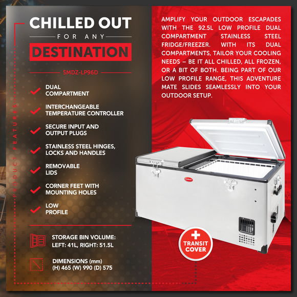 SnoMaster - 92.5L Low Profile Dual Compartment Portable Fridge/Freezer AC/DC - Stainless Steel (SMDZ-LP96D) in Camping Fridge/Freezer