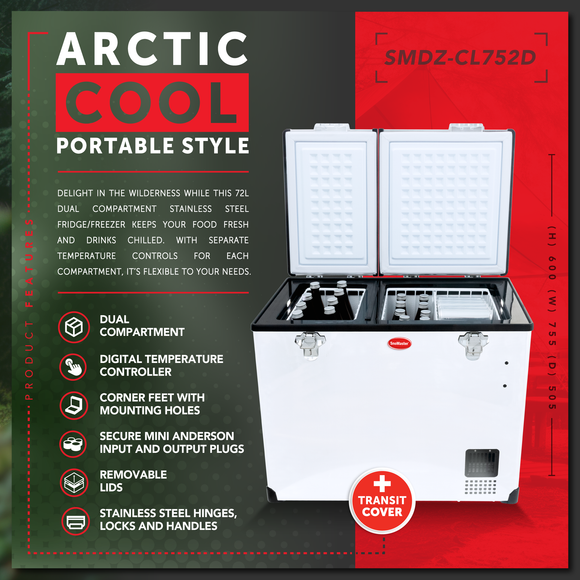 SnoMaster - 72L Dual Compartment Portable Fridge/Freezer AC/DC -  Stainless Steel (SMDZ-CL72D) in Camping Fridge/Freezer