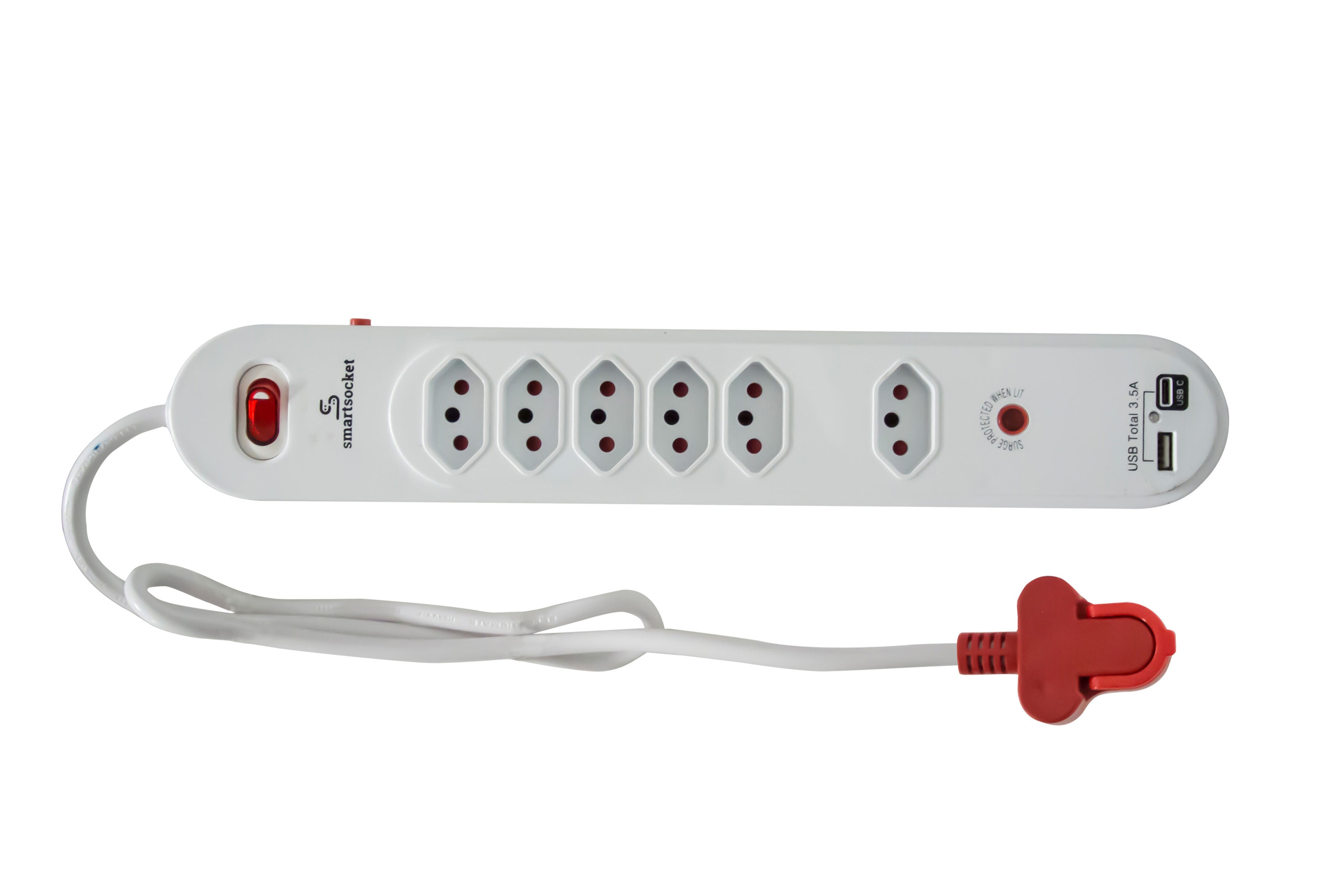 Smartsocket 6 Way Power Board With 3.5 Amp Usb With High Level Surge Protection - White
