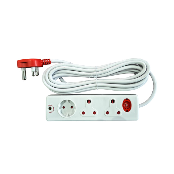 Electricmate 10 Amp Extension Lead With 2 X16 Amp/ 1 X Schuko Adapter With Surge Protection 5M - White