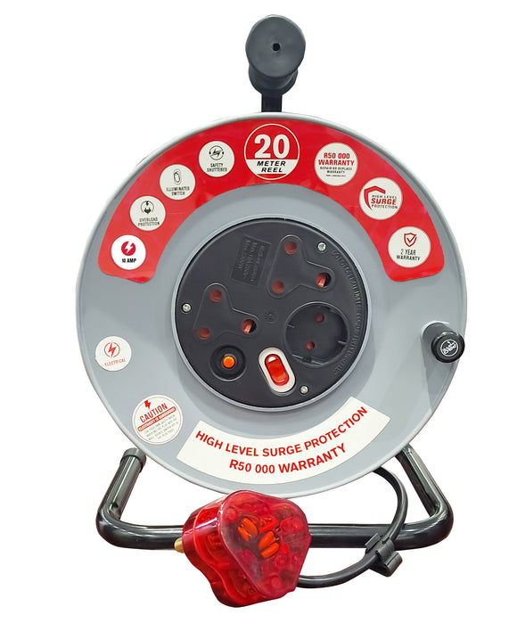 Electricmate 20M 10 Amp High Withlevel Surge Extension Reel - Grey