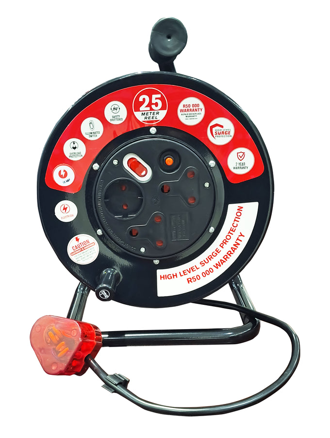 Electricmate 25M 16 Amp High-Level Surge Steel Extension Reel - Black