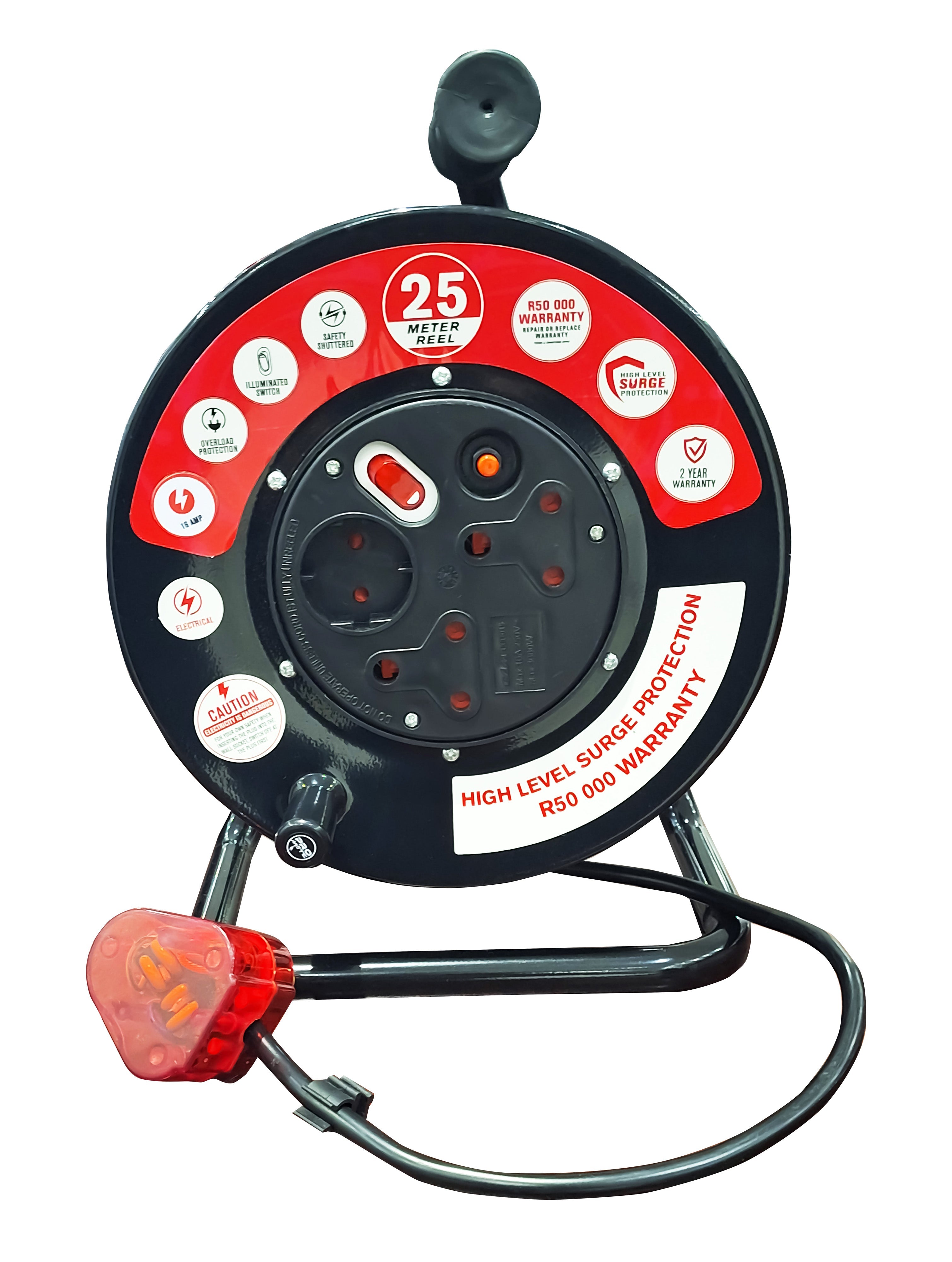 Electricmate 25M 16 Amp High-Level Surge Steel Extension Reel - Black