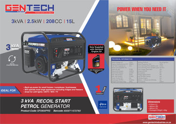 Gentech Power 3 kVA Recoil Start Petrol Generator - 0