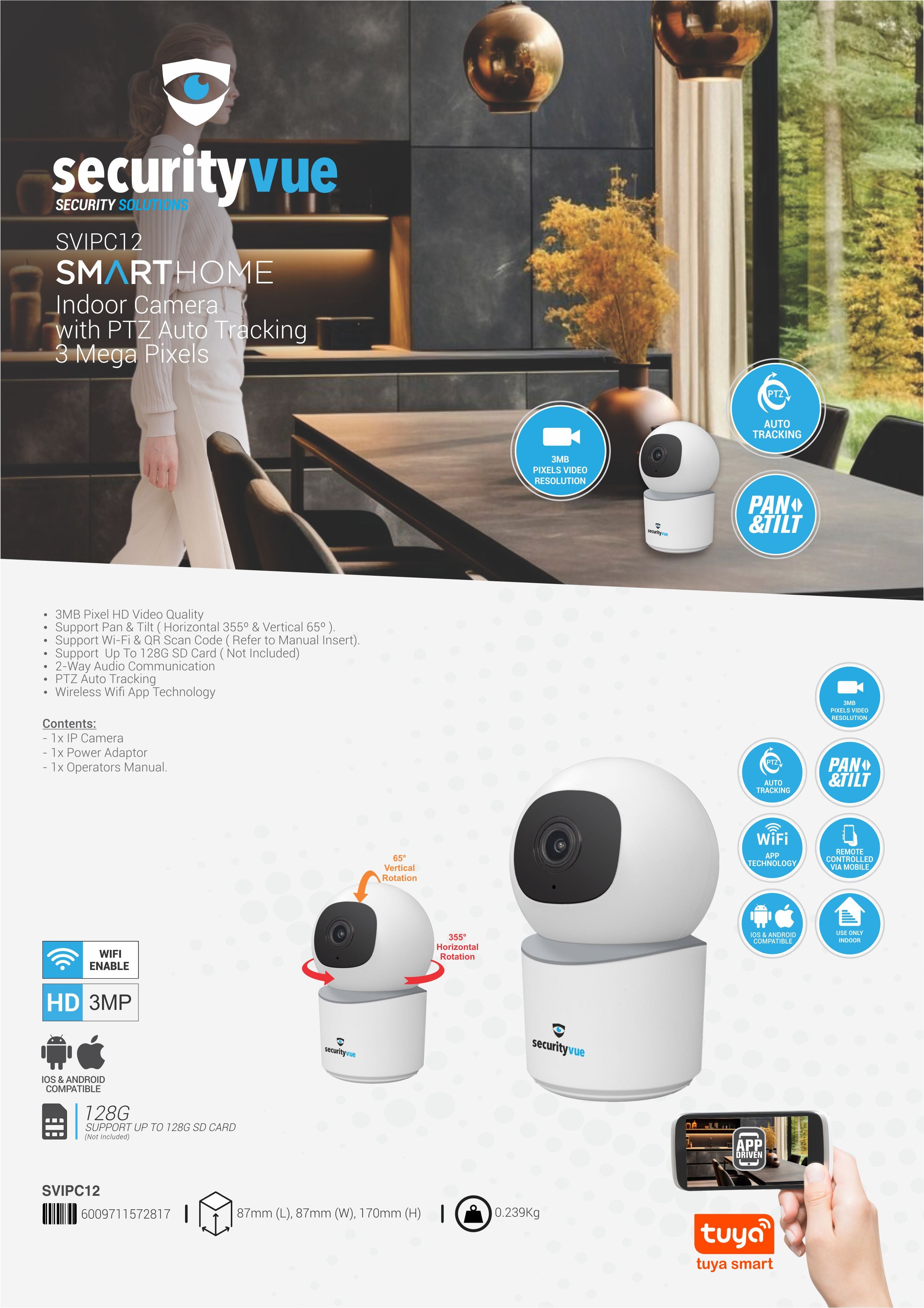 Securtyvue Smarthome Wifi Wireless Indoor Camera With Ptz Auto Tracking With Tuya App