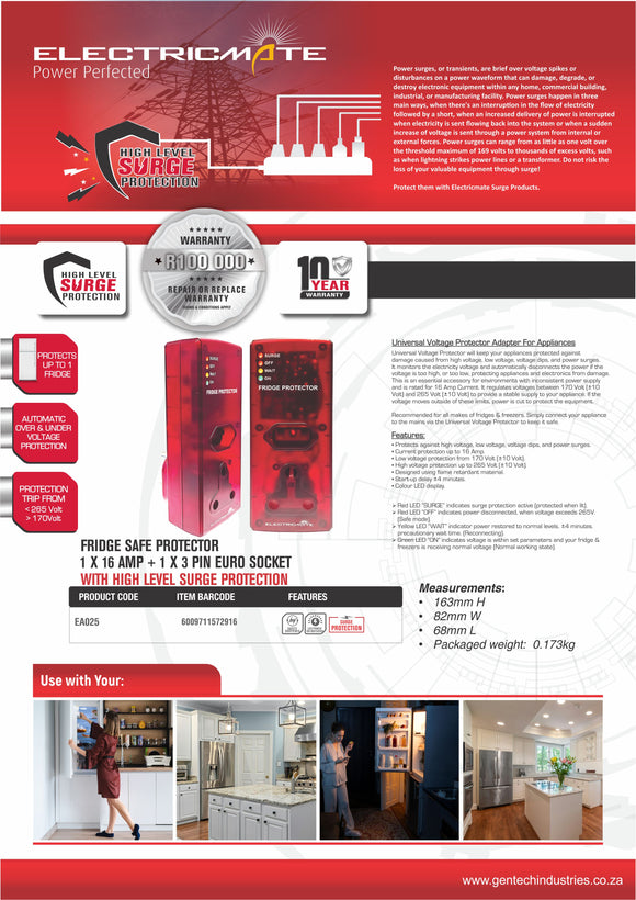 Electricmate 1 X 16 Amp + 1 X 3 Pin Euro Appliance Protector With High Level Surge Protection