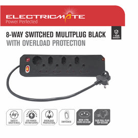 Electricmate 8 Way Single Switch Multiplug Black - 0