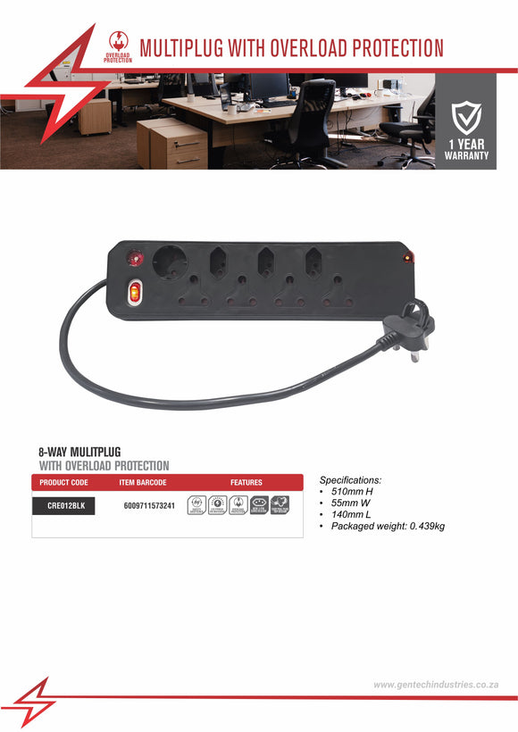 Electricmate 8 Way Single Switch Multiplug Black