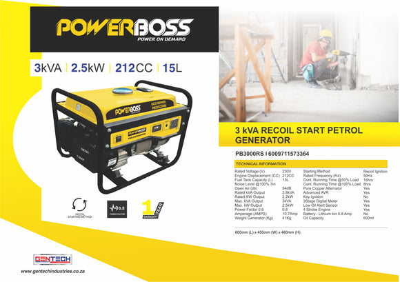 Powerboss 3Kva / 2.5Kw Recoil Start Petrol Generator