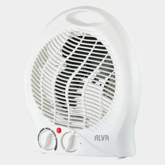 White fan heater with visible brand 'ALVA' on a light gray background