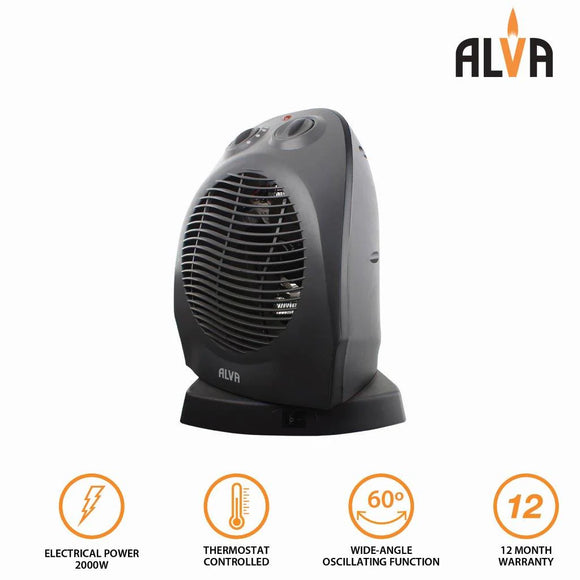 Alva - Electric Fan Heater - Black 1000/2000W Wide Angle Oscillation