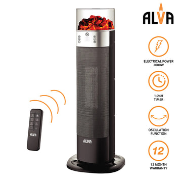 Alva - Electric - Mini Tower Heater - Flame Effect & Oscillation - 0