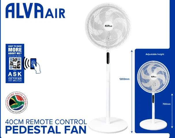 Alva 40cm Plastic Pedestal Fan | Remote & Touch Control Telescopic (White)