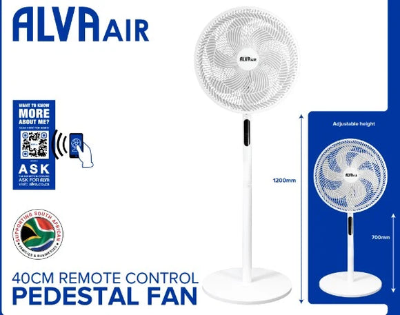 Alva 40cm Plastic Pedestal Fan | Remote & Touch Control Telescopic (White)