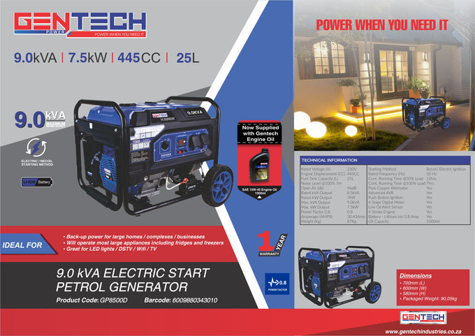 Gentech Power 9 Kva Petrol Generator Electric Start GP8500D