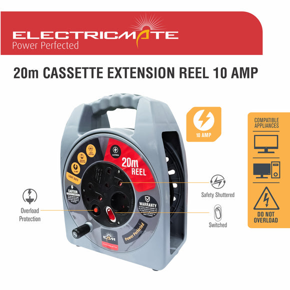 Electricmate 10 Amp Cassette Extension Reel 20M With Overload Protection