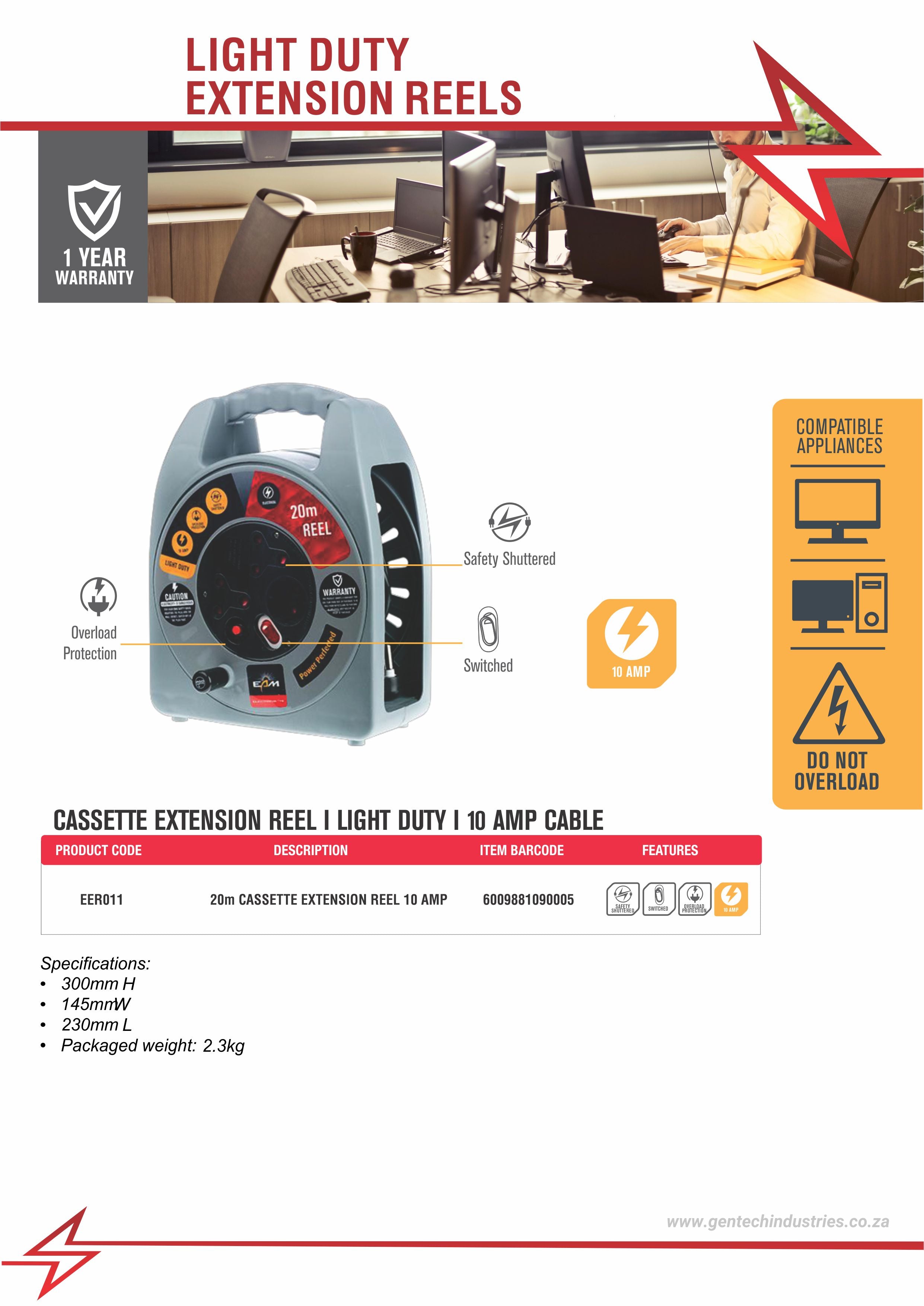 Electricmate 10 Amp Cassette Extension Reel 20M With Overload Protection