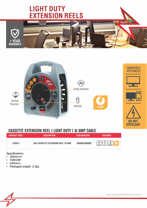 Electricmate 10 Amp Cassette Extension Reel 20M With Overload Protection