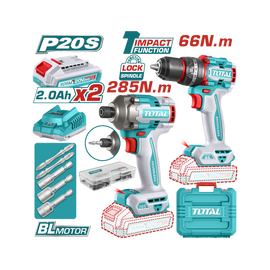 Total 20V Cordless Combo 2Pc Drill 66Nm + 285Nm Impact Driver with 2 x 2AH Batteries and Acc Kit TCKLI20277