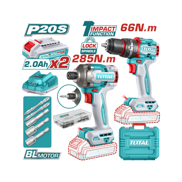 Total 20V Cordless Combo 2Pc Drill 66Nm + 285Nm Impact Driver with 2 x 2AH Batteries and Acc Kit TCKLI20277