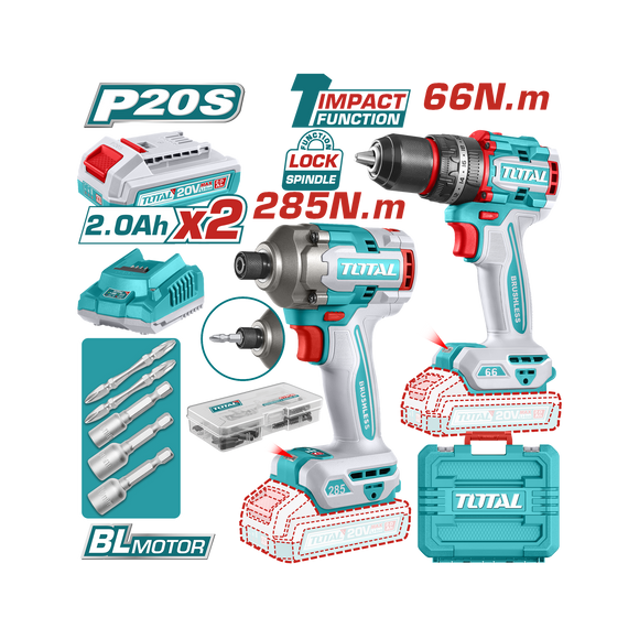 Total 20V Cordless Combo 2Pc Drill 66Nm + 285Nm Impact Driver with 2 x 2AH Batteries and Acc Kit TCKLI20277
