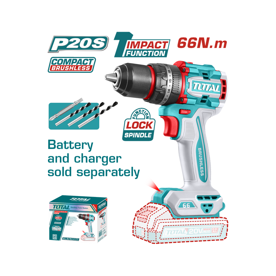 Image of Total Power Tool Total Compact Brushless Cordless Impact Drill 66N.m Bare Unit TIDLI206681