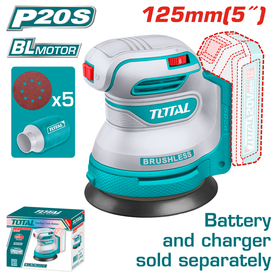 Total Random Orbital Sander 125mm Li-Ion 20V Excluding Battery and Charger TROSLI2002