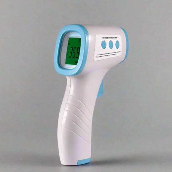 Infrared thermometer on a gray background with promotional text for a showroom.