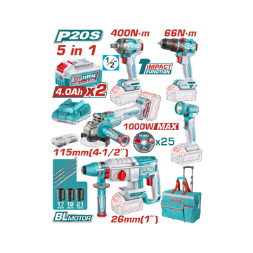 Total 5 Pcs Cordless Industrial Combo Kit 20V TCKLI20592