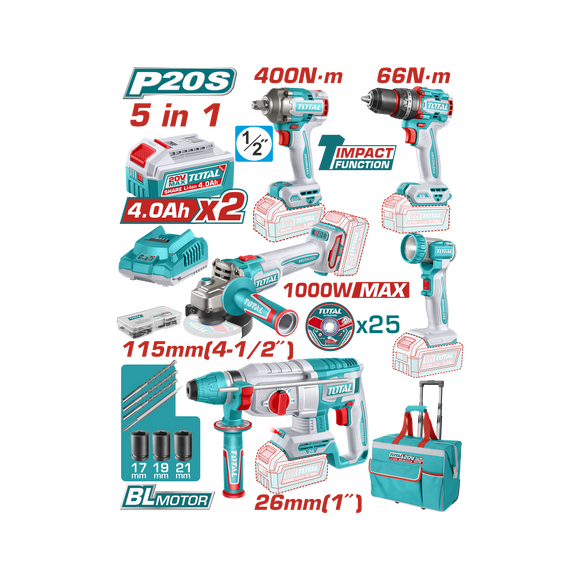 Total 5 Pcs Cordless Industrial Combo Kit 20V TCKLI20592