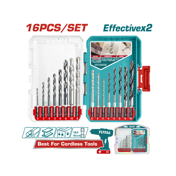 Total 16 Pcs Metal, Masonry and Wood Drill Bits Set TACSDL11608