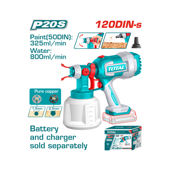 Total Spray Gun 1000ml Li-Ion 20V Battery and Charger Excluded TSGLI2004