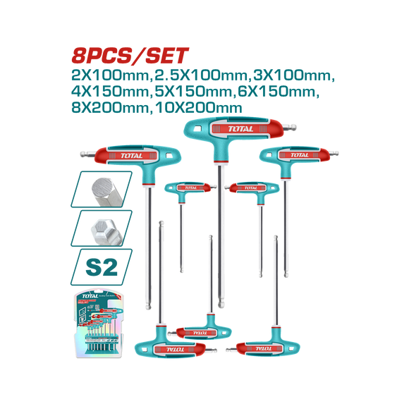Total 8 Pcs T-Handle Ball Point Hex Wrench Set THHW80826