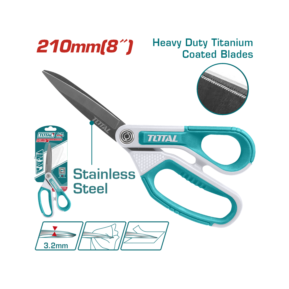 Total 8 Inch/210mm Rubber Grip Long-Blade Scissors Bld Thickness = 3 ...