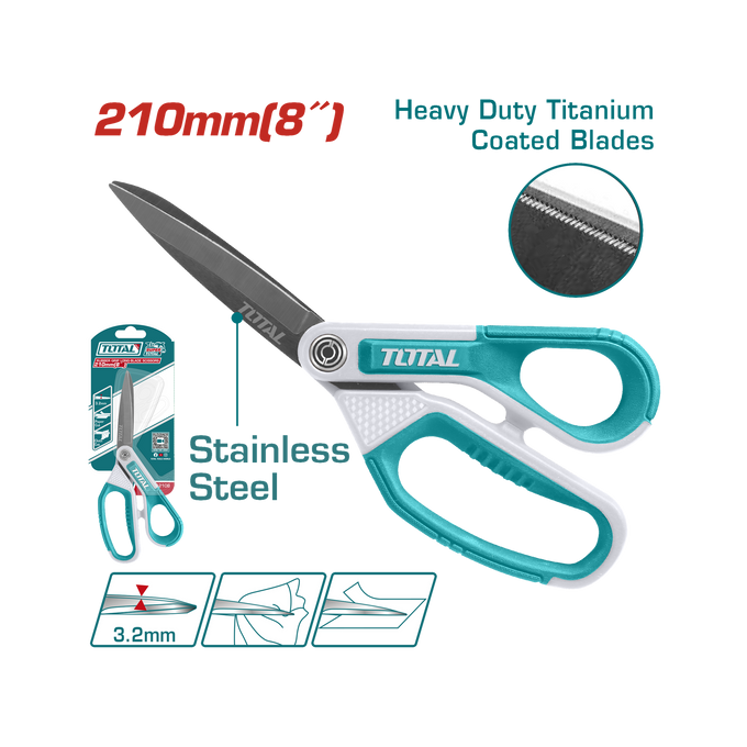 Total 8 Inch/210mm Rubber Grip Long-Blade Scissors Bld Thickness = 3.2mm- 4 Pack THSCRS812108